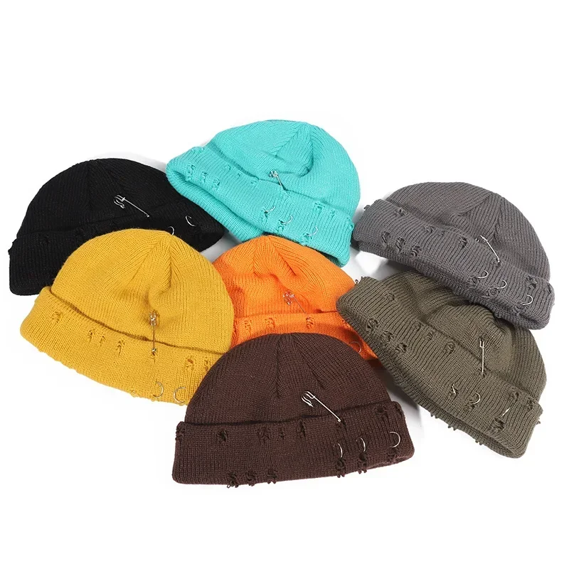 9 Colors Winter Autumn Knitted Short Beanies for Women Men Winter Caps with Metal Hoops Pins Y2K Cool Hip-hop Hats Skullcap