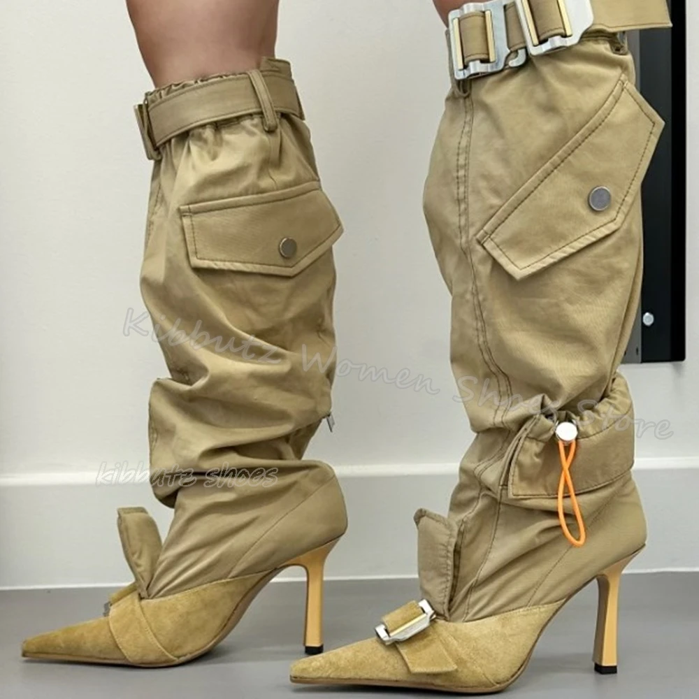 

Metal Decor Knee High Boots Zipper Novelty Sexy Concise Fashion Elegant Genuine Leather Solid Color Women Shoes Pointy Thin Heel