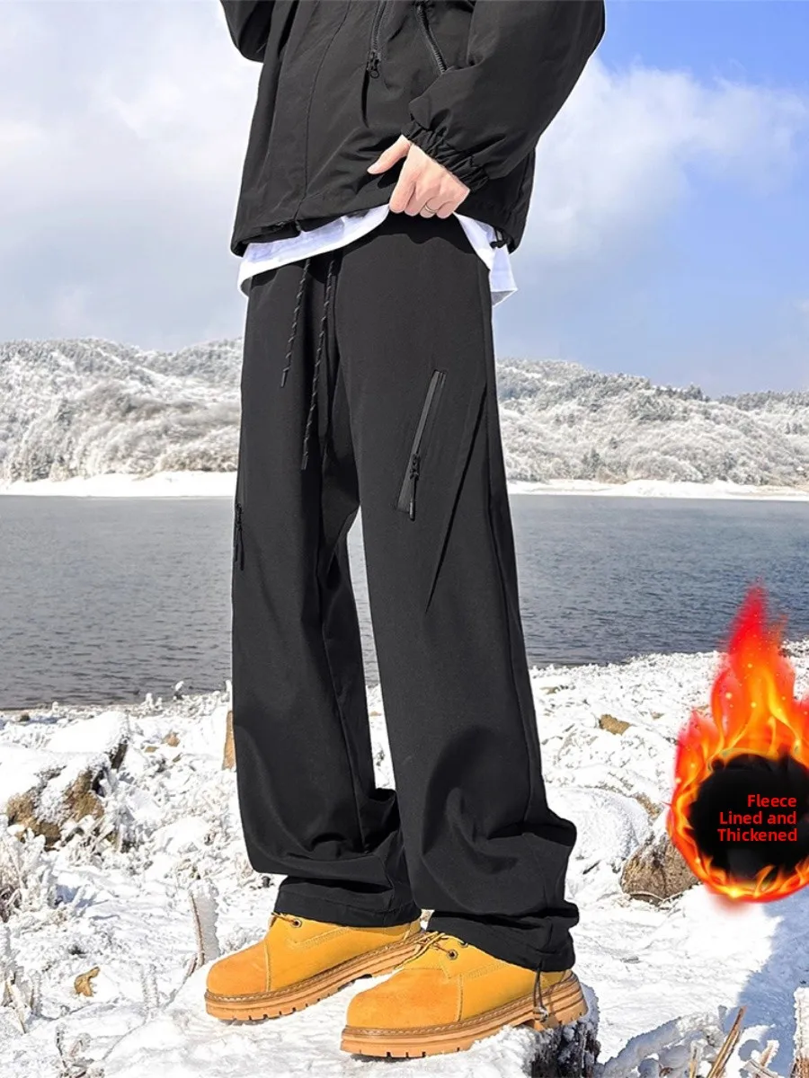 

Men's Winter Long Fce Lined Skiing Tactical Pants Straight Leg Casual Trousers Outdoor Workwear Snowboarding Climbing Boots