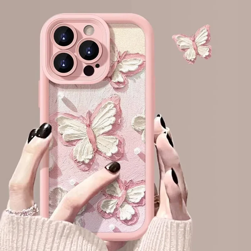 Simple Oil Painting Butterfly INS Blue Pink Phone Case For iPhone 16 15 14 13 12 11 Pro Max XR XS MAX 7 8 PLUS MINI Y2K Cover ﻿