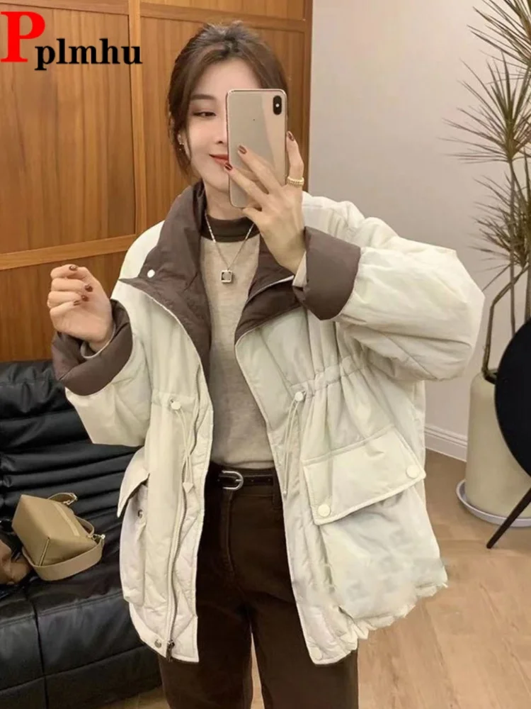 

Korean Fashion Contrasting Color Waist-Cinching Jackets Stand Collar Women's Casual Baggy Chaquetas Warm Long Sleeved Jaquetas