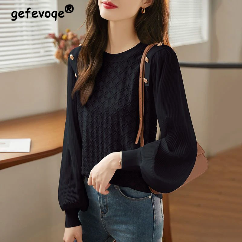 Koreanische Einfache Casual Süße Chic Taste Pullover Strickwaren Frauen 2023 Frühling Herbst Fashion Solid Rundhals Langarm Blusen