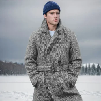2024 남성용 중형 및 긴 정장 칼라 격자 무늬 코트 남성용 더블 브레스트 코튼 패딩 가을, 겨울 패션