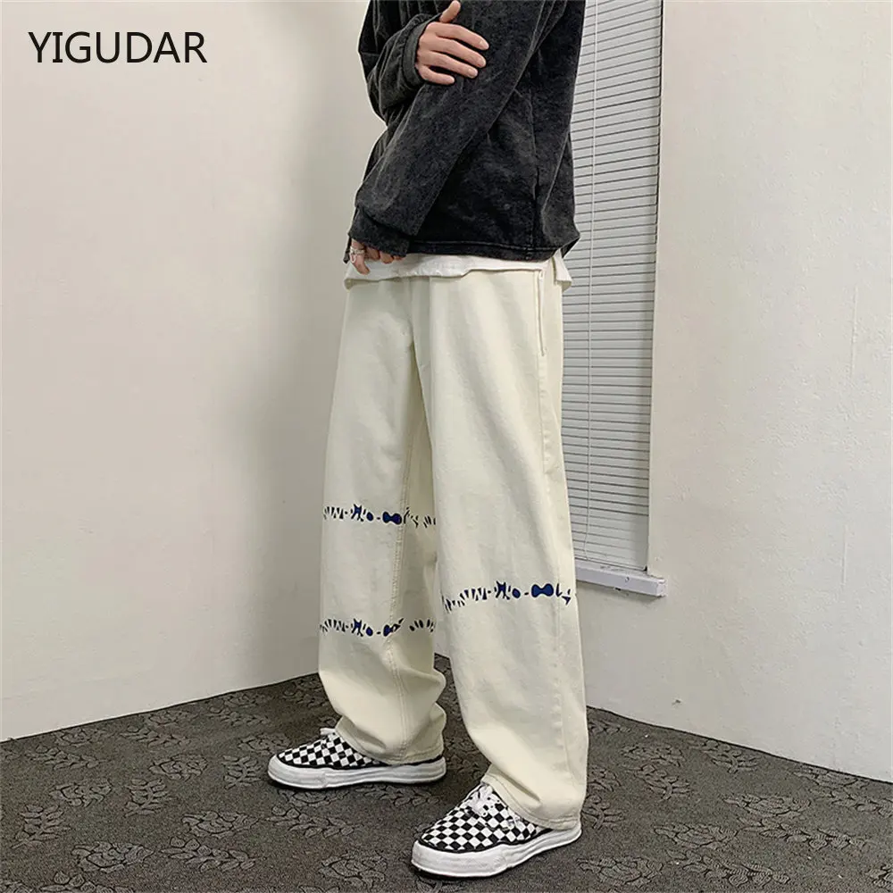 

Letter Hot Drill Wide Leg Jeans Men's High Street Hip-hop Splash Ink Graffiti Jeans Pants Women Loose Flared Denim Pants