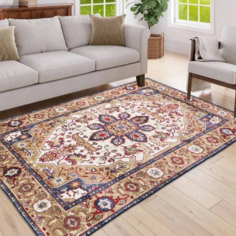 

Area Rug 5x7 Vintage Bohemia Large Persian Non-slip Washable Rug For Living Room Kitchen Bedroom Living Room Flower Design Blue/
