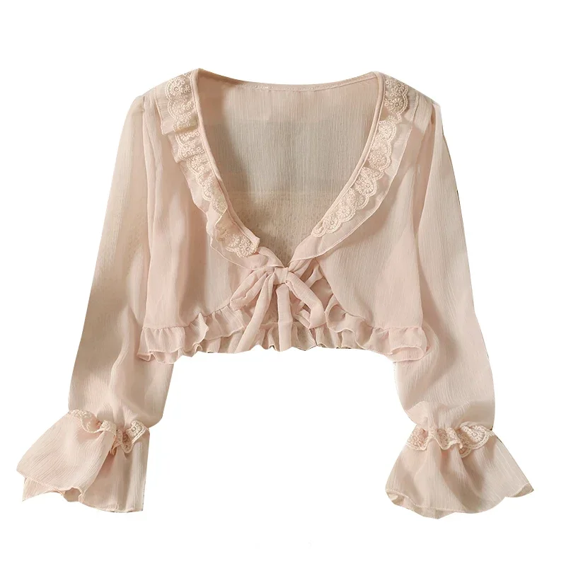 Kimotimo Chiffon Sunscreen Cardigan Women Summer Lace Ruffled Lace Up Thin Shirt Korean Flared Sleeve Fairy Shawl Blouse