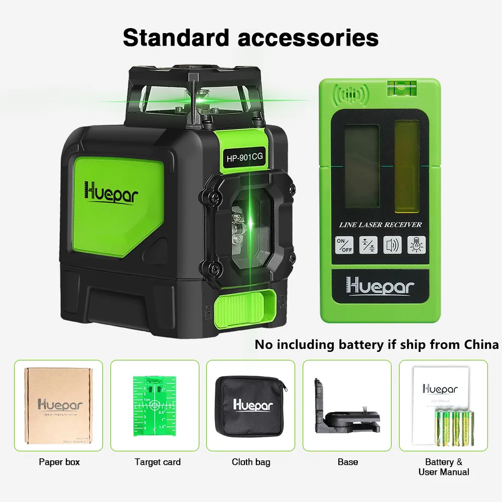 Huepar Laser Level Green Beam Cross Laser Self-leveling 360-Degree Coverage Horizontal and Vertical Line with Laser Receiver