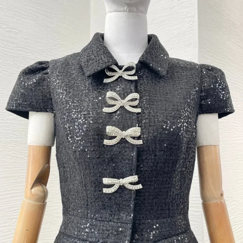 

Woman Clothing Black Short Sleeve Sequin Elegant Attractive Turn Down Collar Diamonds Bow Lace Pleat Midi Dresses