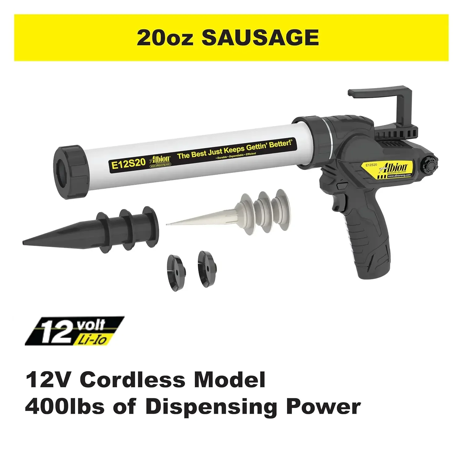 Engineering E12S20 B-Line Cordless Sausage Caulking Gun, No Drip, 12V, 20 oz