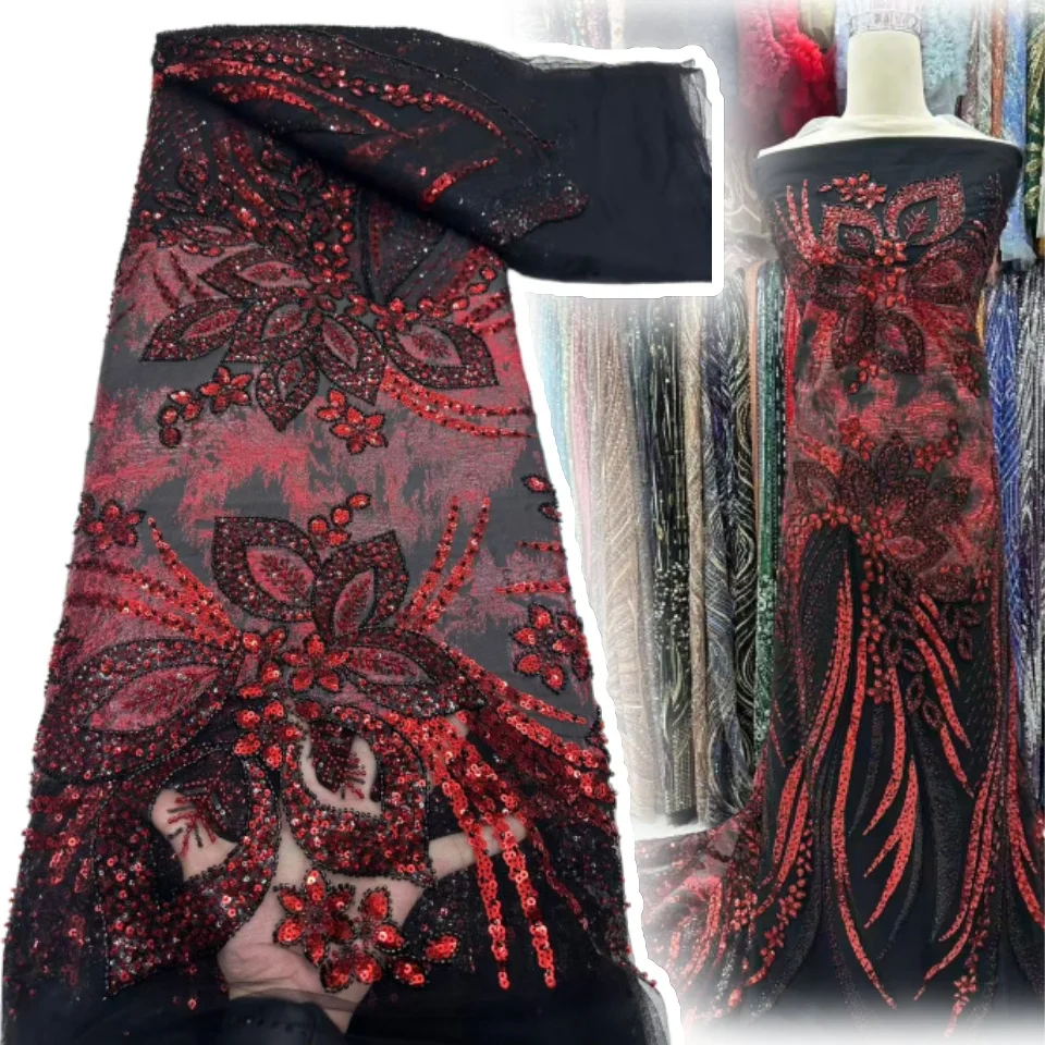 

African 5 Yards Red Sequence Beaded French Mesh Lace Fabrics Nigerian Sequins Tulle Lace Fabrics Embroidery for Sewing SZ1389