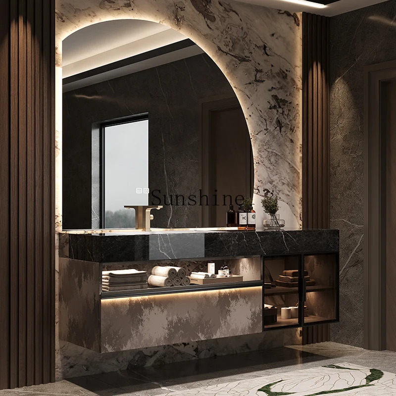 

Hotel wind rock slab seamless ceramic integrated basin bathroom cabinet combination