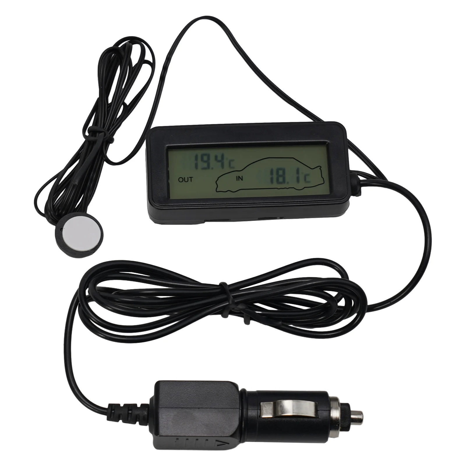 Compact 12V Car LCD Digital Thermometer, Inside & Outside Temperature Gauge Meter, Black Shell, Clear LCD Display