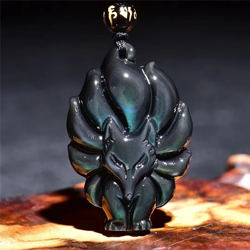 Natural Colored Obsidian Hand Carved Nine Tailed Fox Jade Pendant, Fashionable Boutique Jewelry, Men's and Women's Fox Necklace