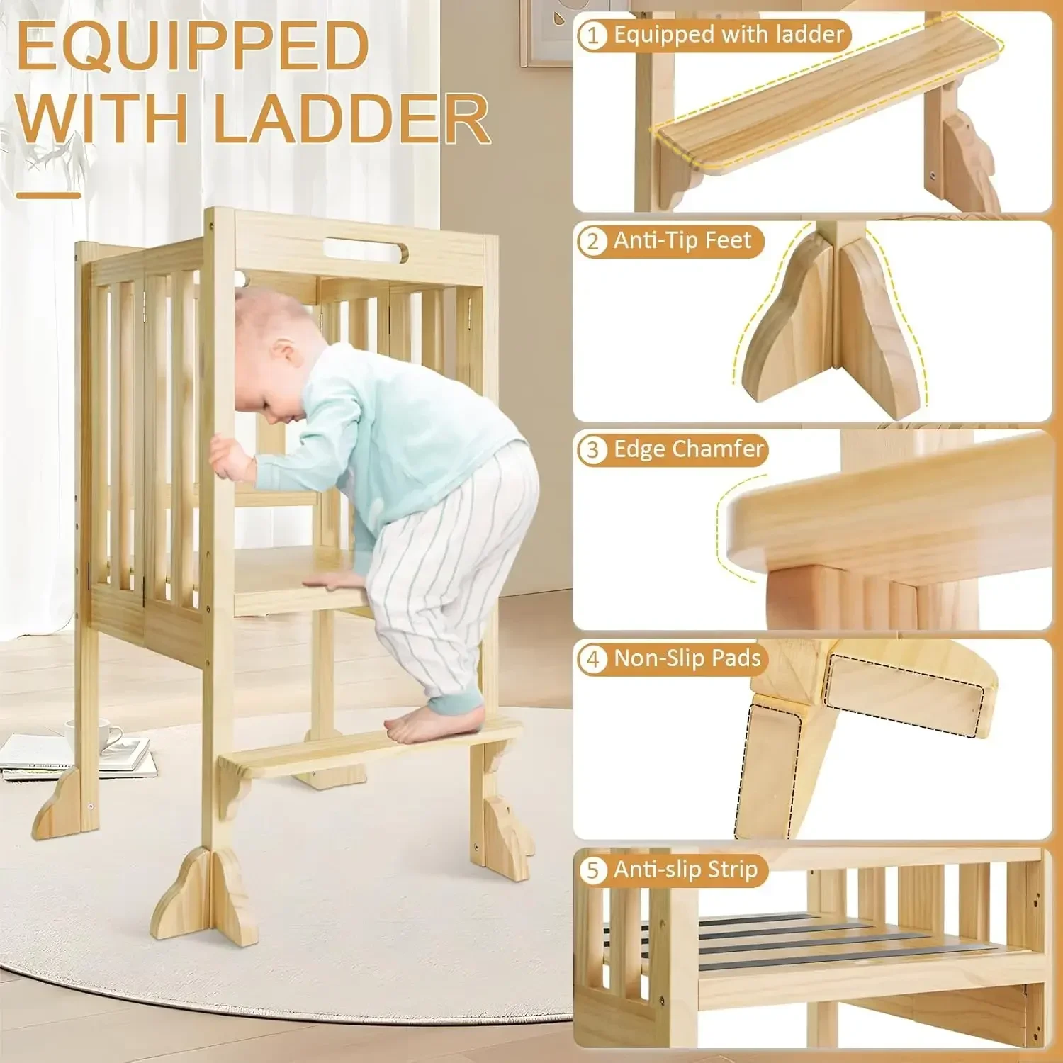 Ayudante de taburete de cocina, torre de pie plegable Montessori para niños pequeños con riel de seguridad, ayudante Ideal de altura ajustable para