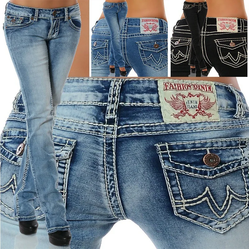 2026 Autumn Winter Women's Thick Embroidered Denim Jeans High Waist Straight Trousers Slim Fit Warm Casual Bottoms