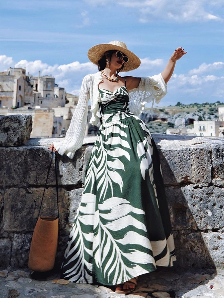 Vestido largo verde para vacaciones de verano, busto de 70-94cm, elegante, ajustado, Sexy, con cuello en V, estilo de vacaciones francés, vestido con tirantes y abertura lateral estampado