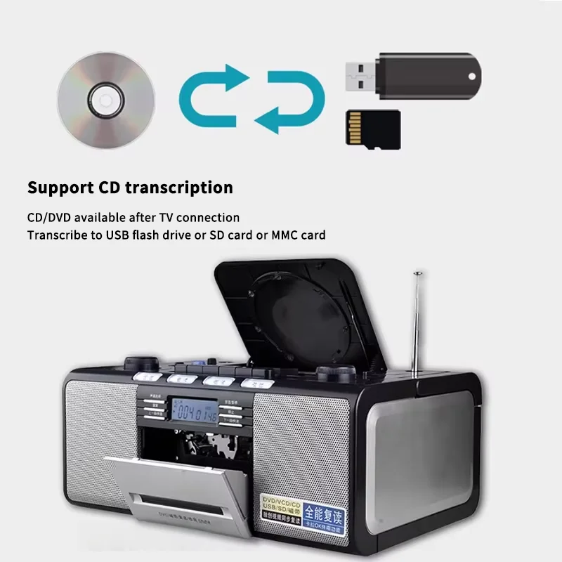 

CD-плеер Кассетный плеер Комбинированный с FM-радио играет AUX USB MP3 Стереозвук с дистанционным управлением Запись на ленту Питание переменного/постоянного тока