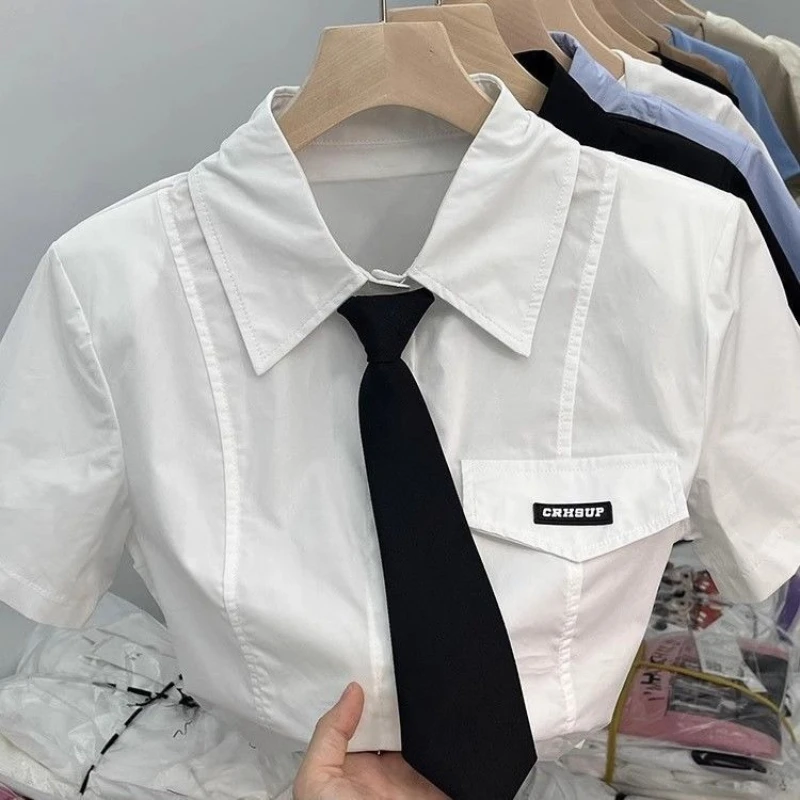 Slim Fit American Vintage Tie Shirts Short Sleeve Preppy Style Hotsweet Women Camisas Crop Tops High Waist Chemises Femme