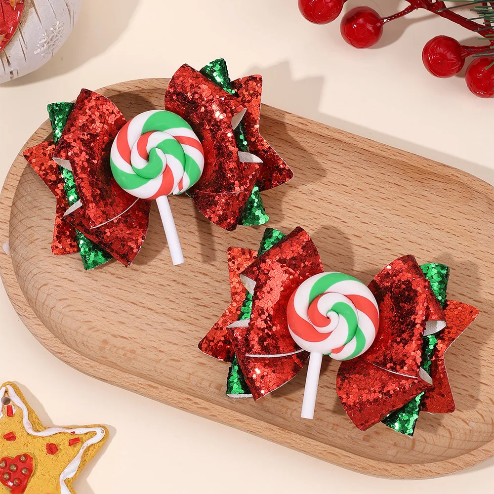 

2 шт., рождественские заколки для волос с леденцом и бантом для девочек, милые блестящие заколки для волос с блестками, детские головные уборы для рождественской вечеринки, аксессуары