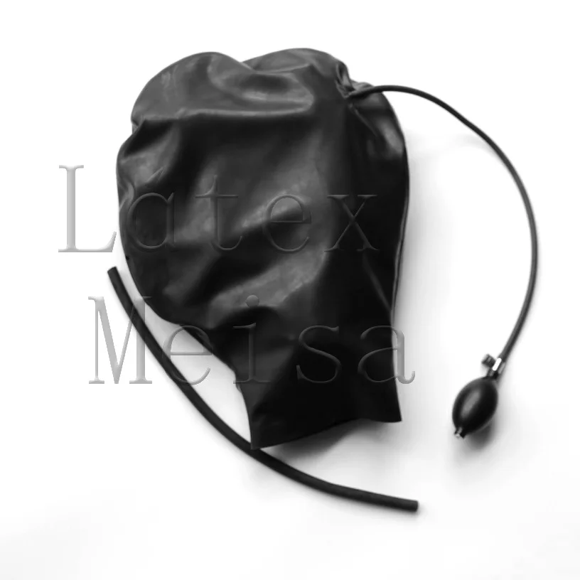

Inflatable plug design adults' black gap latex hood tube with back zip and made of 0.4mm thickness natural latex