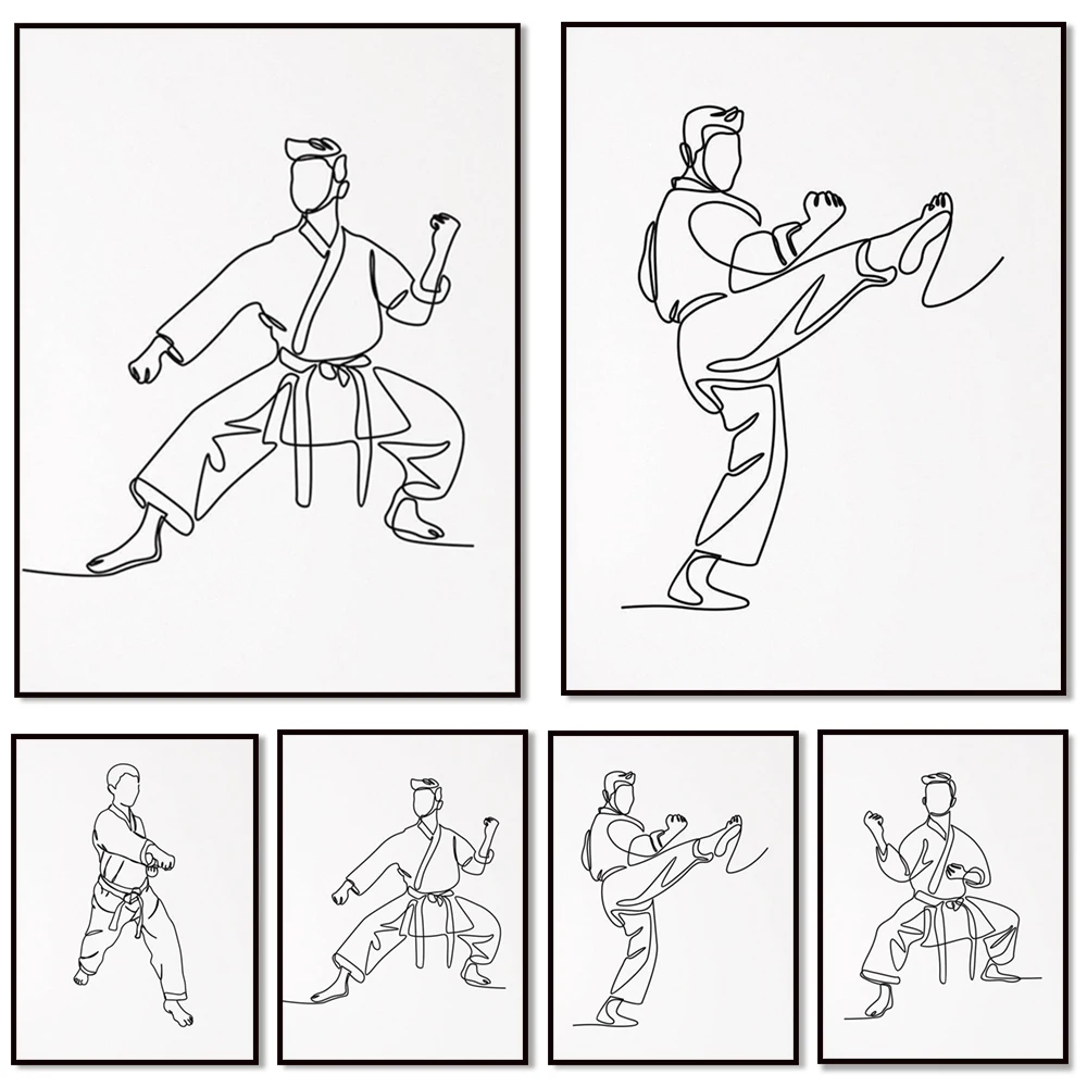 Taekwondo Karate Exercise Line Martial Arts Gift Wall Art Canvas Painting Nordic Poster Print, Boys Men Bedroom Room Wall Decor