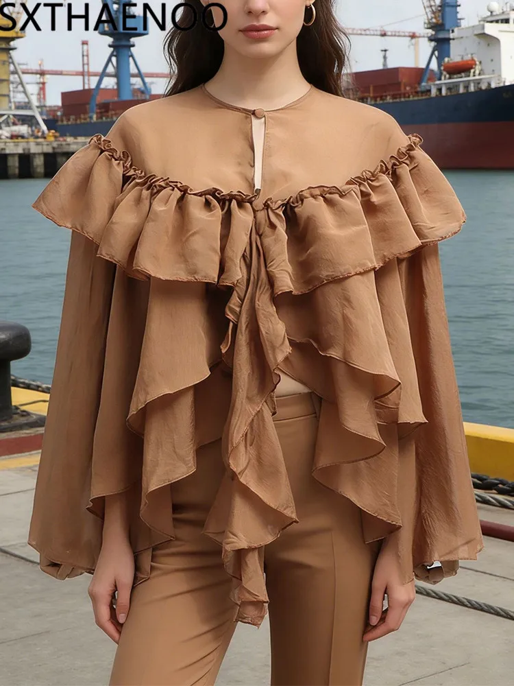

SXTHAENOO Spring 2026 Fashion European American High-end Ruffled Collar Top Casual Versatile Solid Color Irregular Women's Shirt