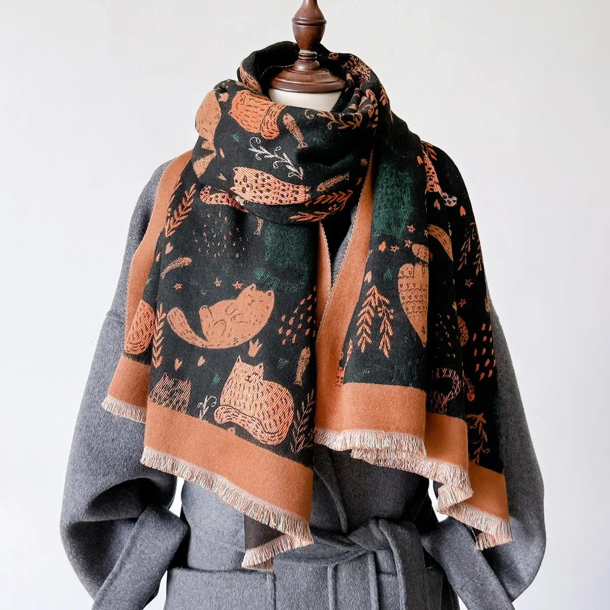 Double-Sided Cute Cat Designer Women's Winter Outdoor Cold-Proof Imitation Cashmere Print Warm Scarf Shawl Pashmina Stole