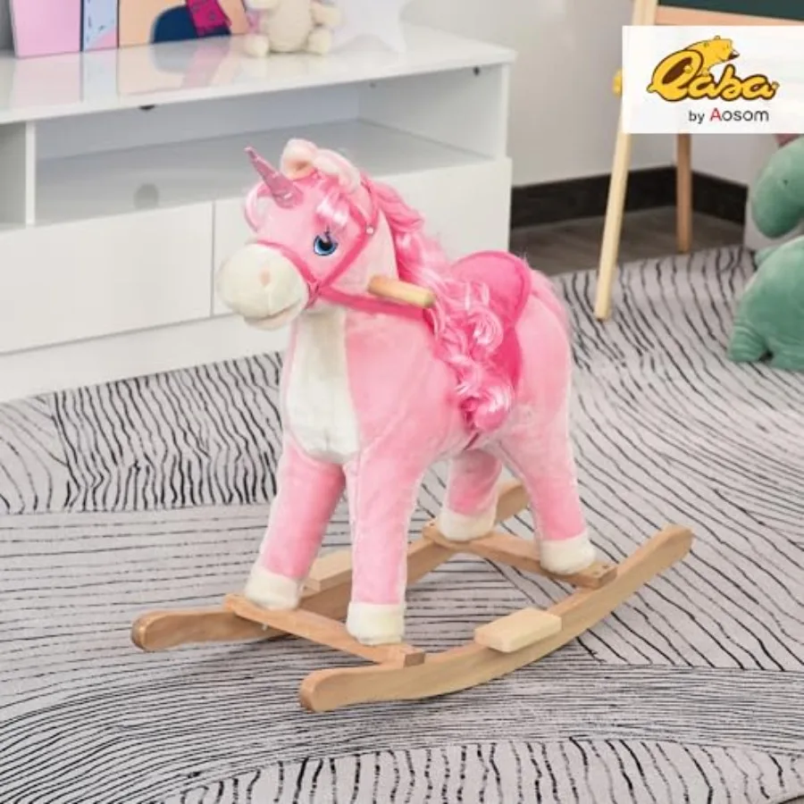 Rocking Horse, Ride on Horse Unicorn Design with Wooden Base, Tail Wag and Sounds for Toddlers 3-6 Years Old, Pink