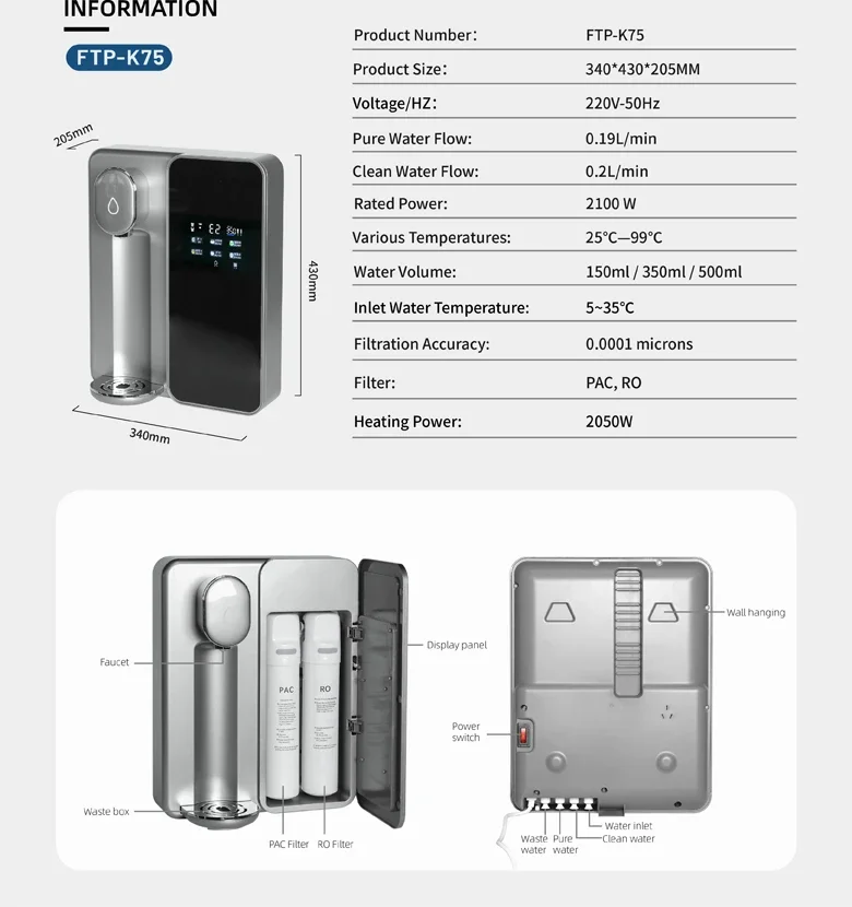 Wall Mounted 3 Stages Hot Warm Water Purifier Water Dispenser Price Automatic Water Dispenser