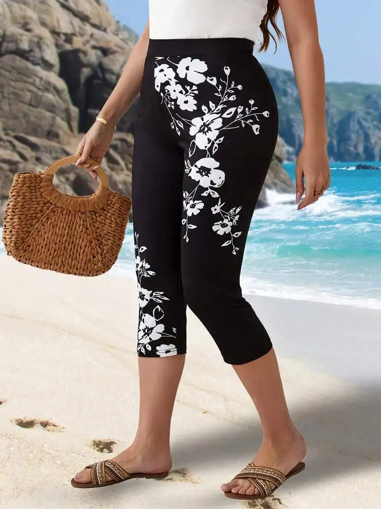 Spring/summer seaside holiday  flower print slim-fit elastic elastic waist tight casual capri leggings for women