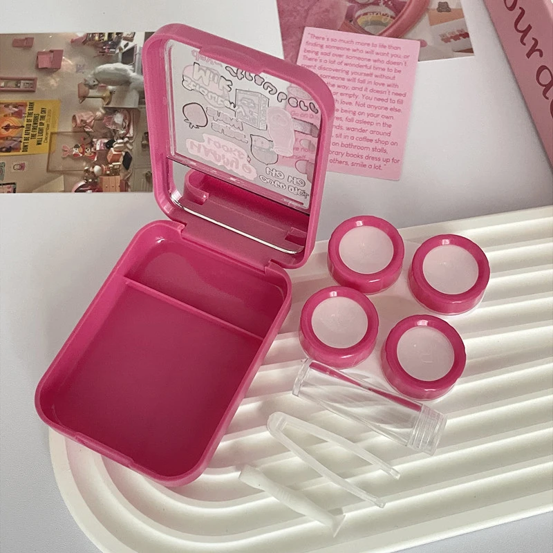 Kawaii Mini Contact Lens Case Container with Mirror Women Contact Lenses Box Eyes Contact Lens Storage Box Lovely Travel Kit Box