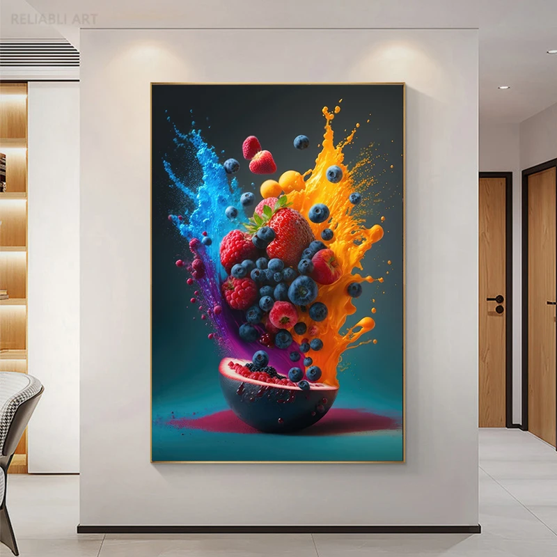 Modern Exploding Food Strawberry Smoothie Photography Canvas Painting Wall Art Fruit HD Pictures for Kitchen Wall Decoration