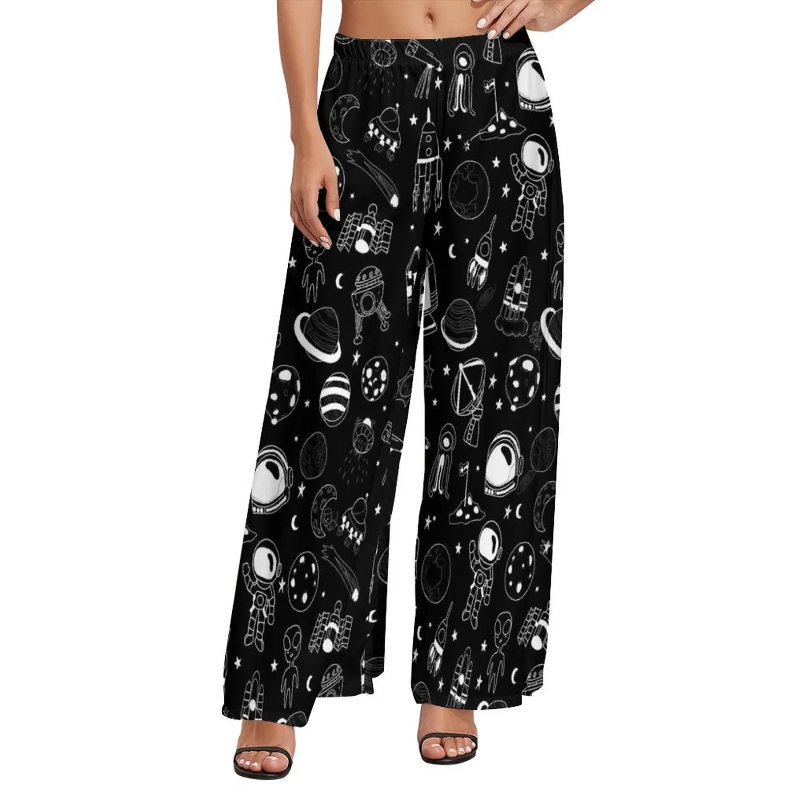 

Celestial Space Print Straight Pants Black And White Sexy Wide Pants Womens Big Size Streetwear Printed Trousers