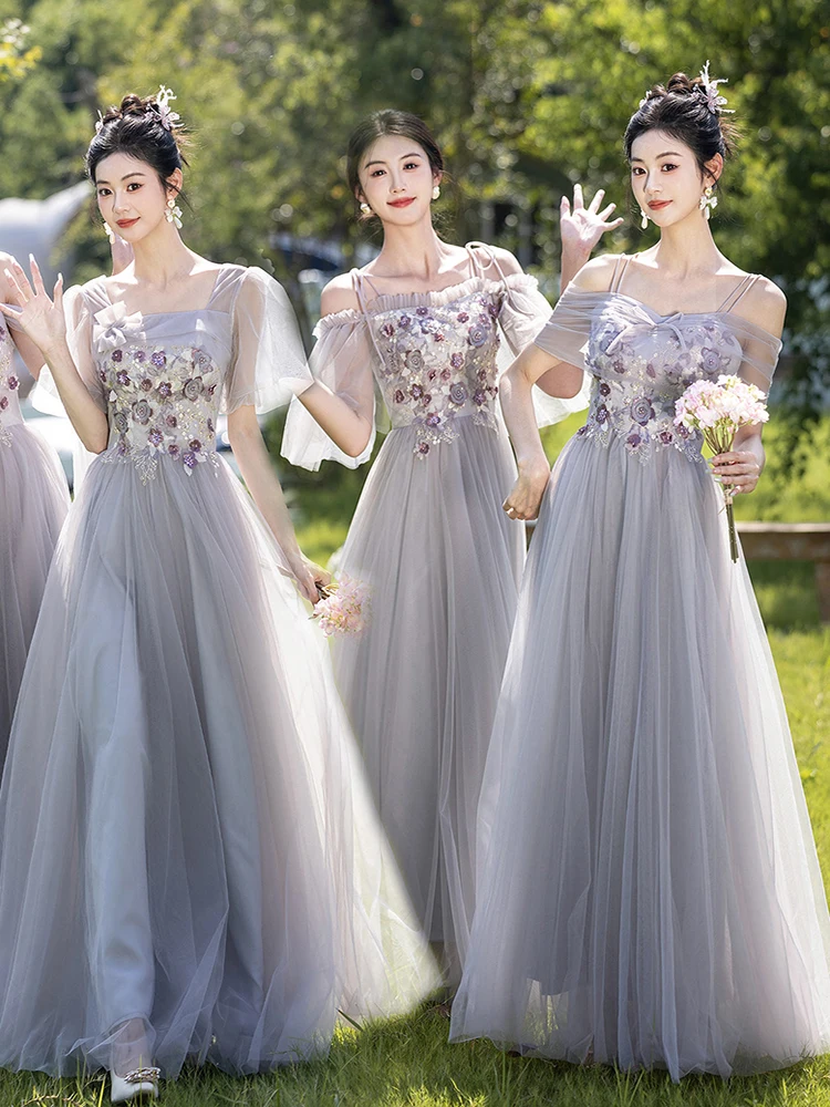

Женские свадебные платья подружки невесты, летние серые вечерние платья с аппликацией и открытыми плечами, элегантные платья трапециевидной формы без рукавов для выступлений