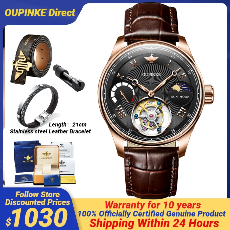 

OUPINKE 8001 Tourbillon Watch for Men Chronograph Moon Phase Waterproof Automatic Mechanical Men's Wristwatches Luxury Brand NEW