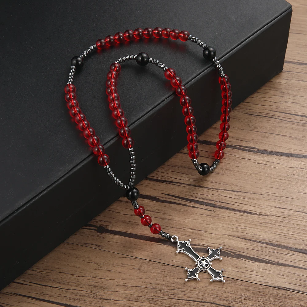 Black and Red Round Beads Rosary Cross Pendant Necklace for Men and Women