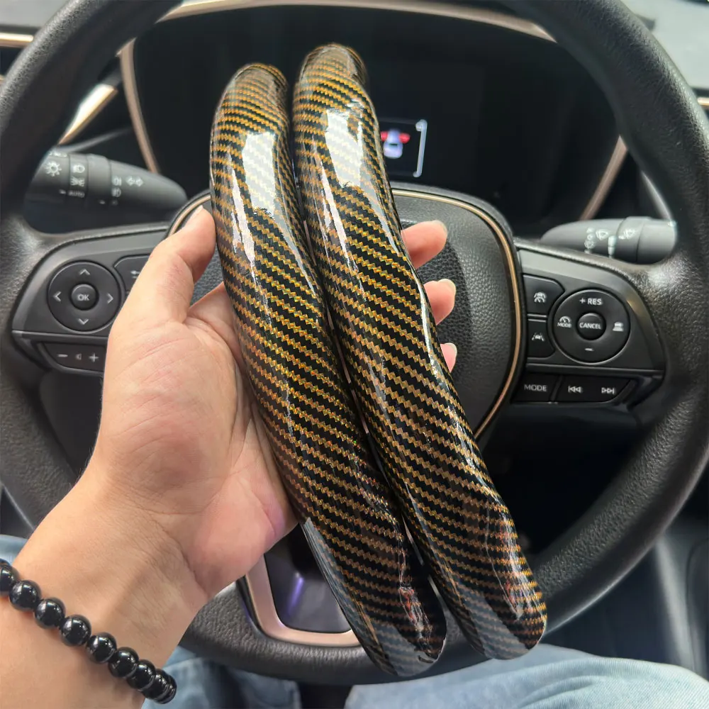 2PCS Laser Carbon Fiber Silicone Car Round Steering Wheel Cover Fiber Leather Wheel Booster Auto Cover Non-Slip Universal parts