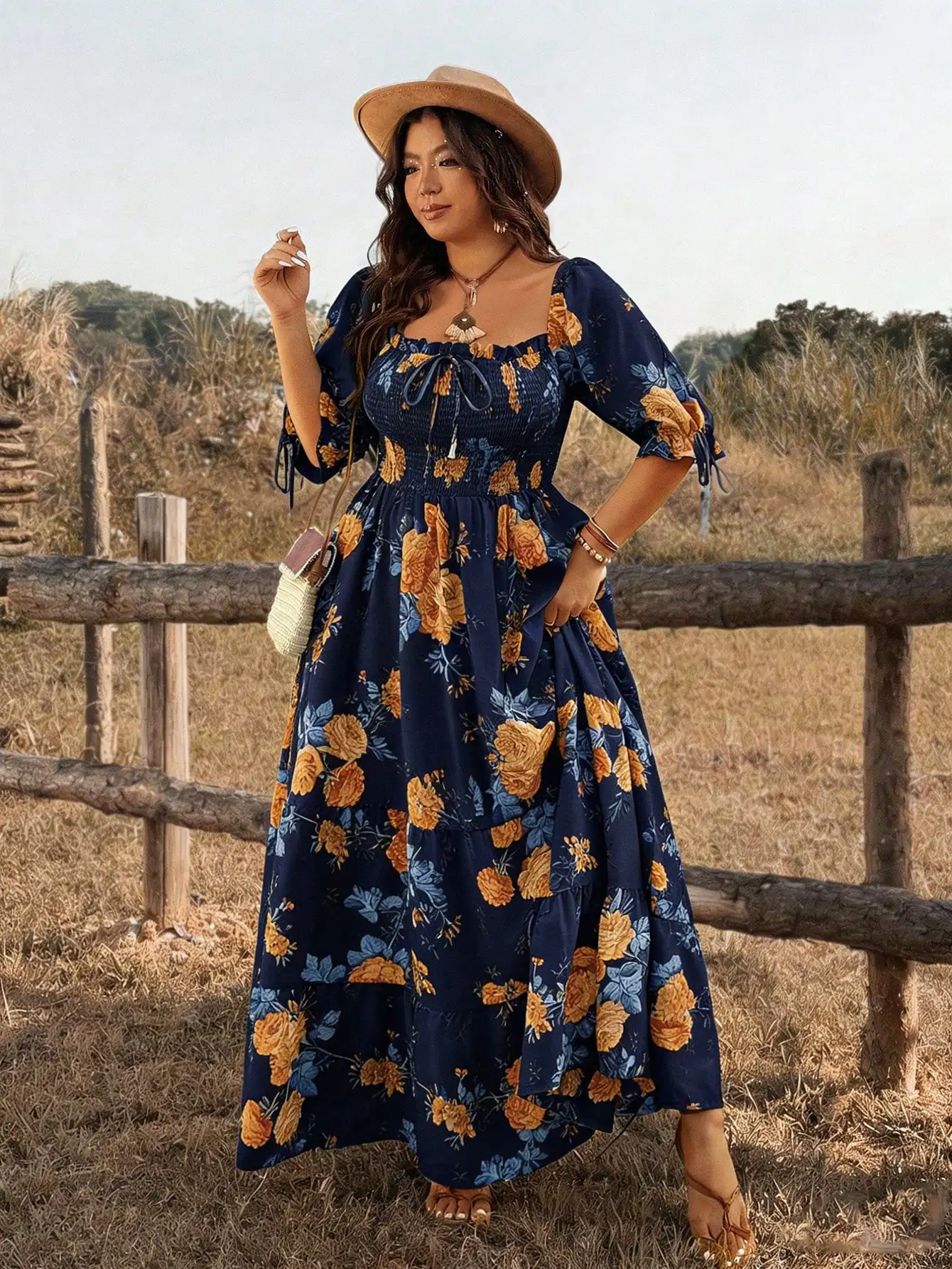 

Plus Size Women Square Neck Floral Print Mid Sleeve A-Line Boho Maxi Dress