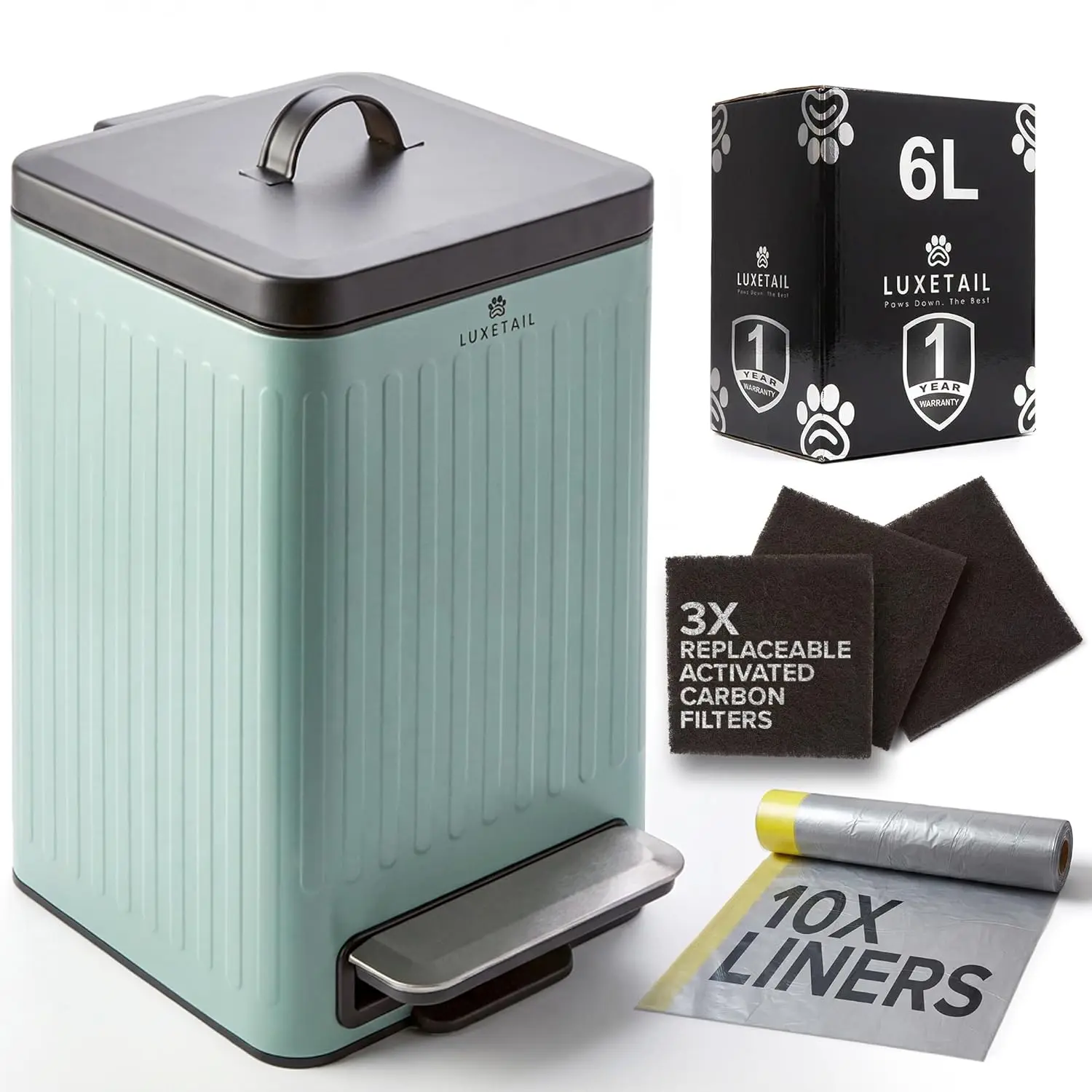 

6-литровое ведро для собачьих отходов с угольным фильтром, защитой от запаха, педалью для открывания без рук и легкоочищаемым контейнером, цвет: шалфейно-зеленый