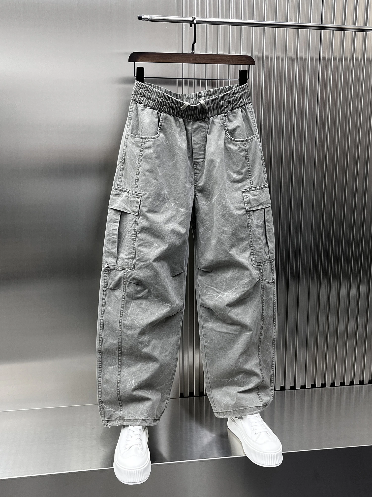 

Мужские повседневные свободные брюки прямого кроя из тонкой ткани для работы, уличные, с множеством карманов, свободного кроя, спортивные, модные, молодежные, весна 2025