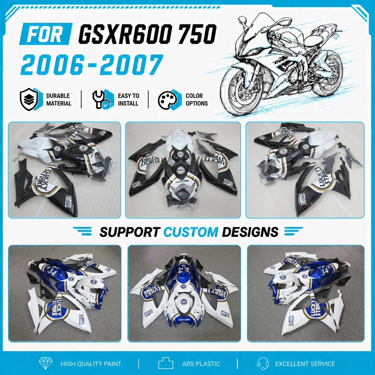 Multiple Designs Motorcycle Fairings for GSXR600 GSXR750 2006 2007 06 07 ABS Plastic Fairing Kit Parts Cowling
