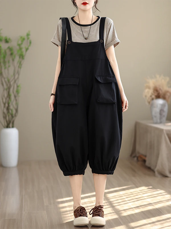 

High-End Women's Summer Fashion Workwear Loose Casual Thin Strap Pants High Waist Cotton Denim Casual Leisure Pocket Detail