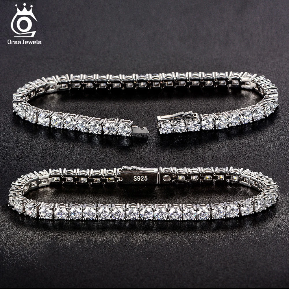 ORSA JEWELS Authentic 925 Silver Man Woman Tennis Bracelet Luxury Hanmade 3mm 4mm Zirconia Tennis Chain Hand Jewelry Gift SB129