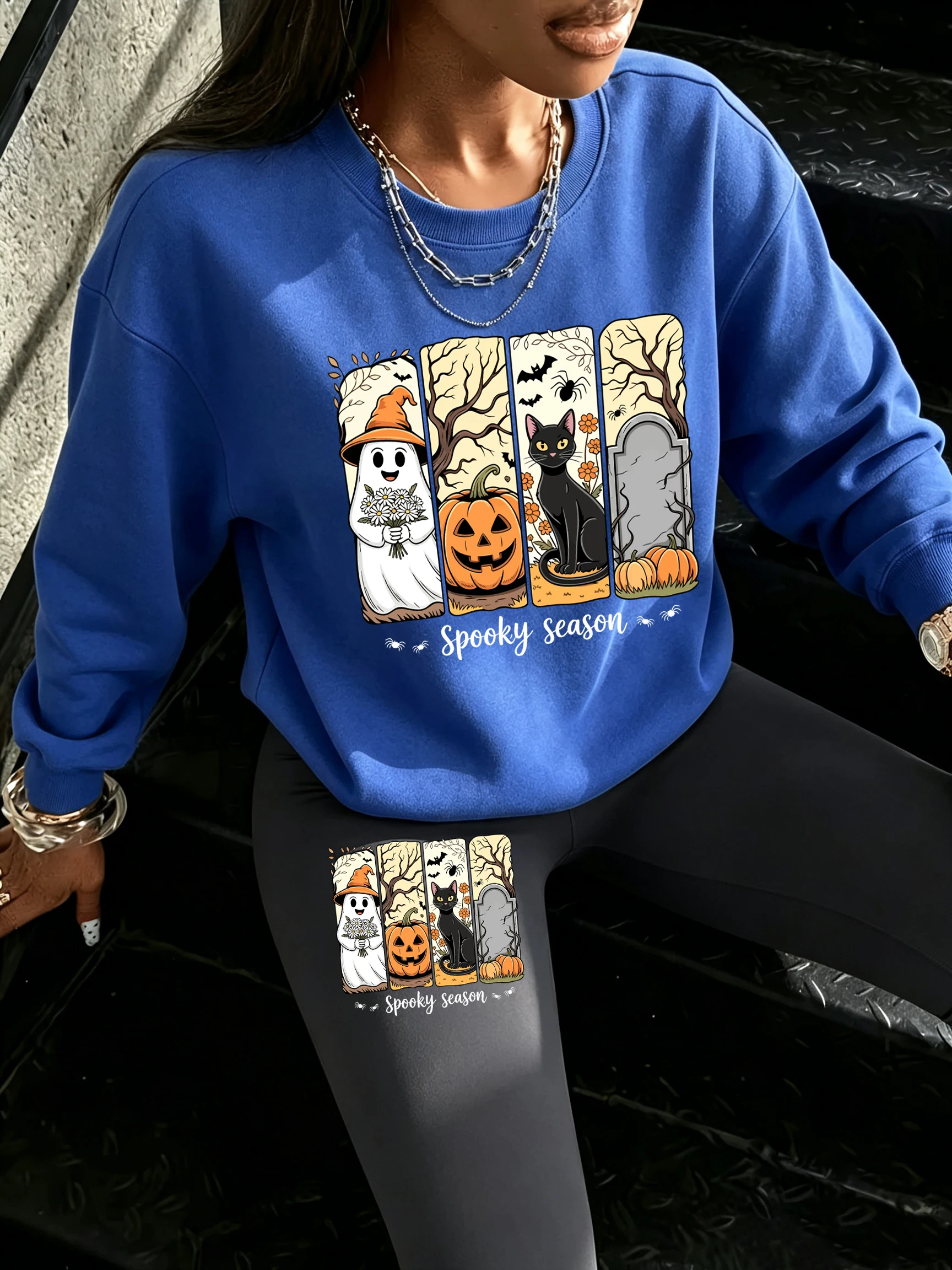 Halloween Spooky Season Ghost Cat Pumpkin Design Women Sweatshirt Set Fleece O-Neck Pullover Autumn Warm Pants Thicken Leggings