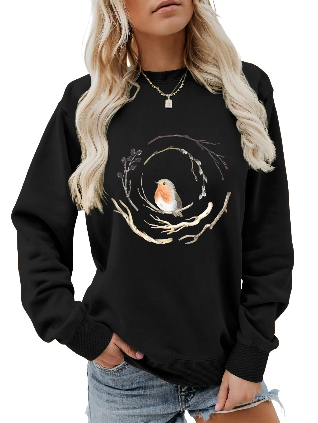 Autumn women's hoodie bird twig circle leisurely classical printed top loose fashion crew-neck hoodie ladies long sleeve pullov