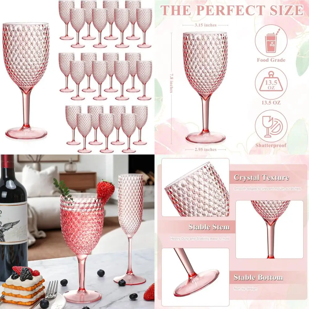 

Unbreakable Pink Acrylic Wine Glasses - 24 Pack, 13.5oz Reusable Wedding Toasting Cups with Long Stems