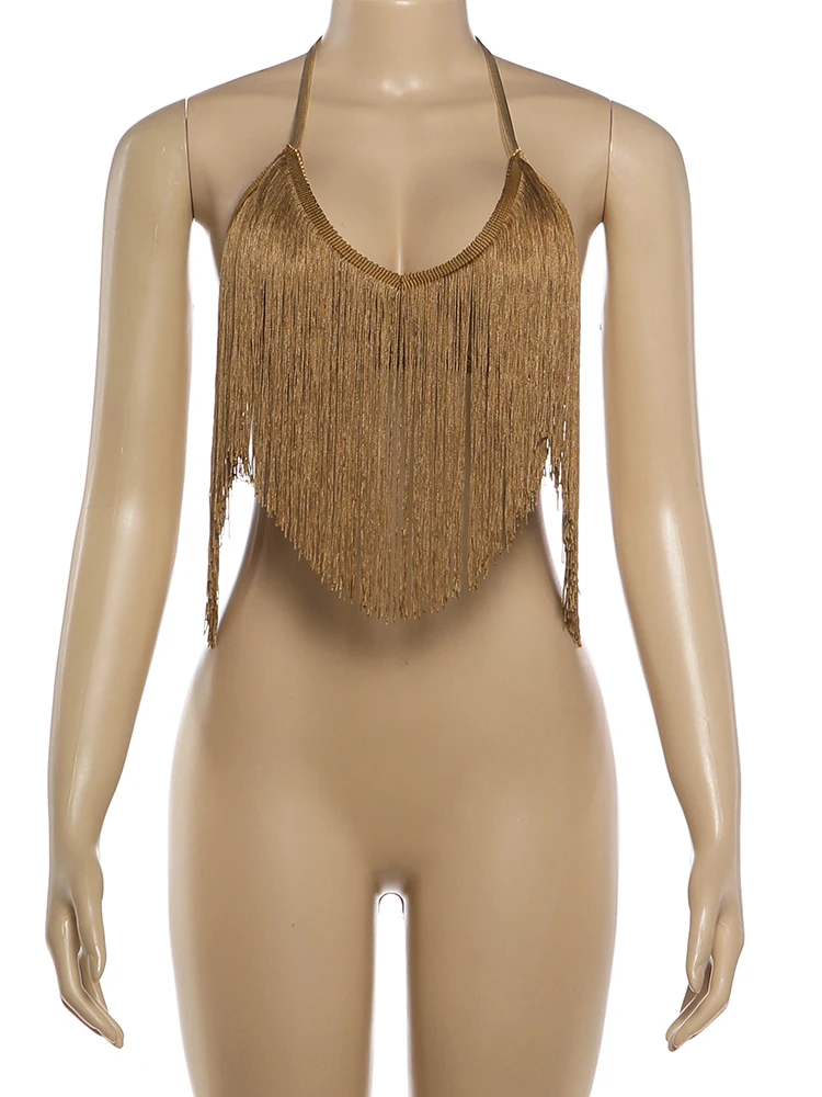 Weird Puss Summer Tassel Backless Tank Tops Woman Summer Trend Lace-Up Halter Backless Navel Exposed Sexy Clubwear Camisoles view 6