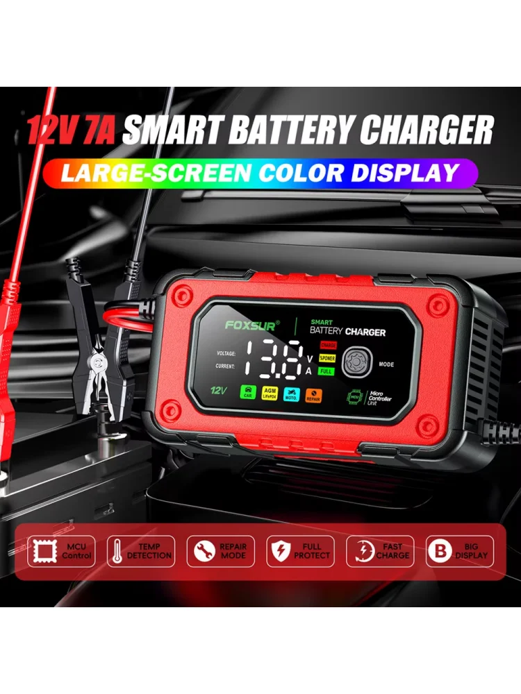 AliExpress FOXSUR 7A 12V Battery Charger Automatic Car Motorcycle Charger Pulse Repair Deep Cycle For EFB GEL WET AGM Car Universal Repair