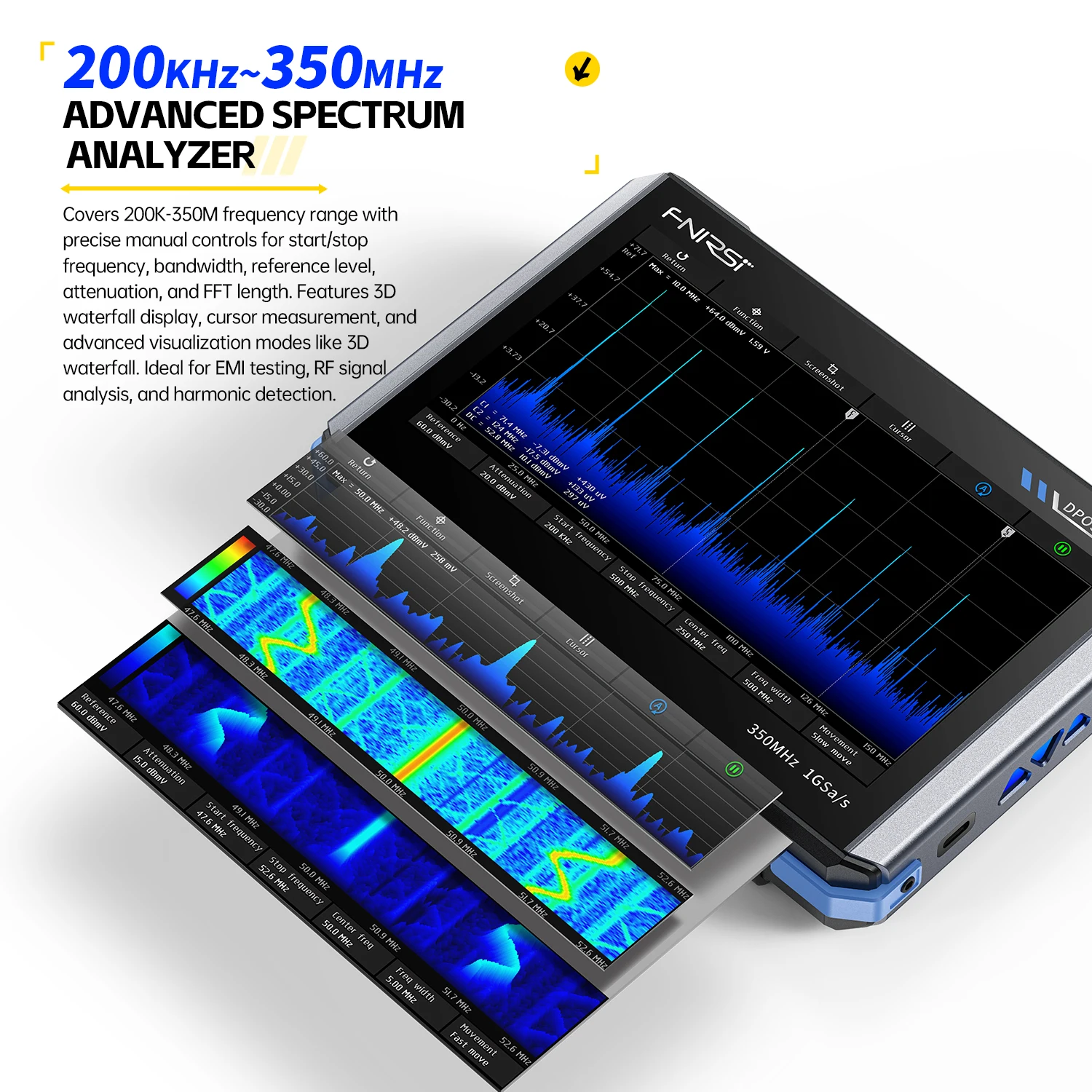 Analisador de resposta de frequência FNIRSI DPOS350P, osciloscópio plano quatro em um, gerador de sinal de 2 canais 350 MHz, 50 MHz, espectro