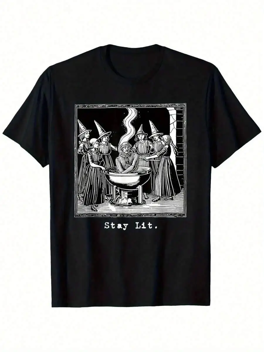 Stay Lit Witch Occult Satan Hell Hex Pagan T-Shirt - Black Crew Neck Short Sleeve Tee With Bold Graphic Art, Unisex 100% Cotton